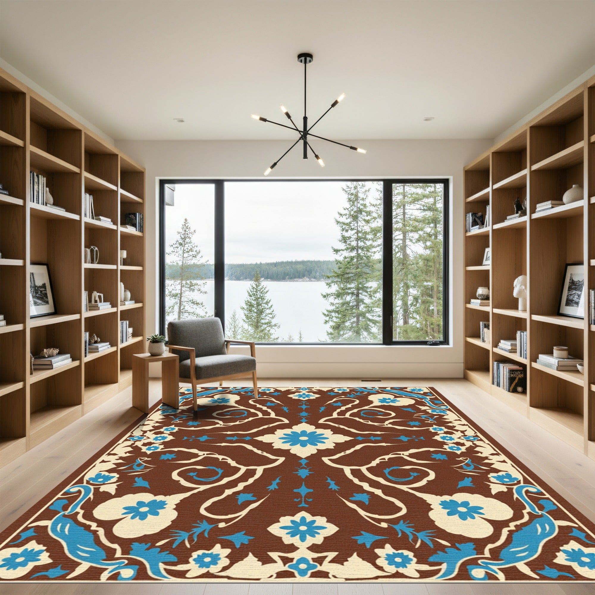 Brown Cream Blue Floral Symmetry Rug