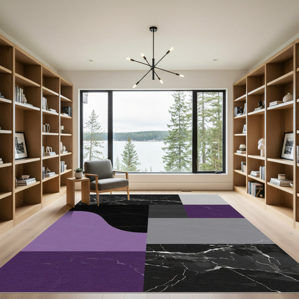 Modern Black Purple Gray Marbled Terrain Rug