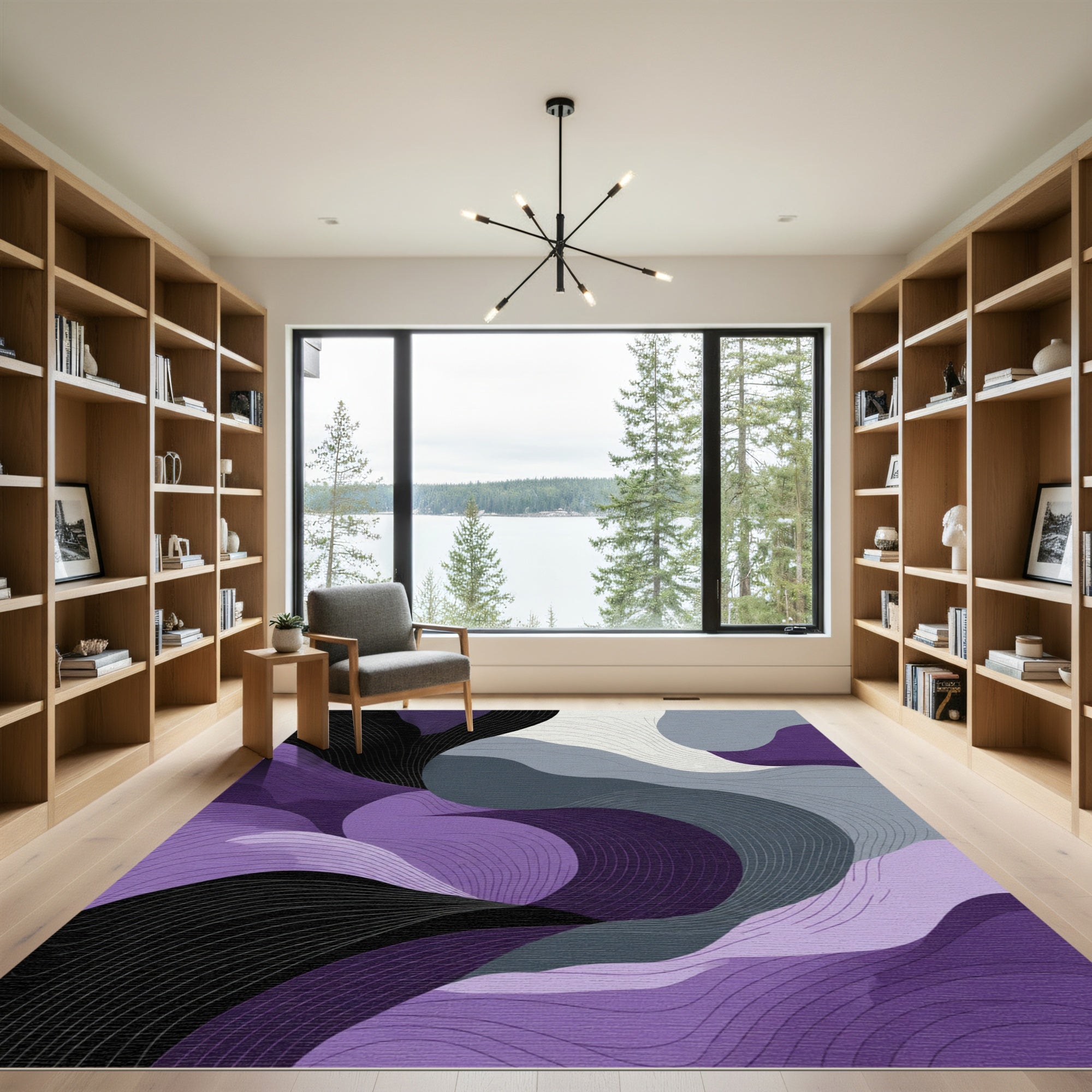Abstract Purple Gray Flowing Waves Rug