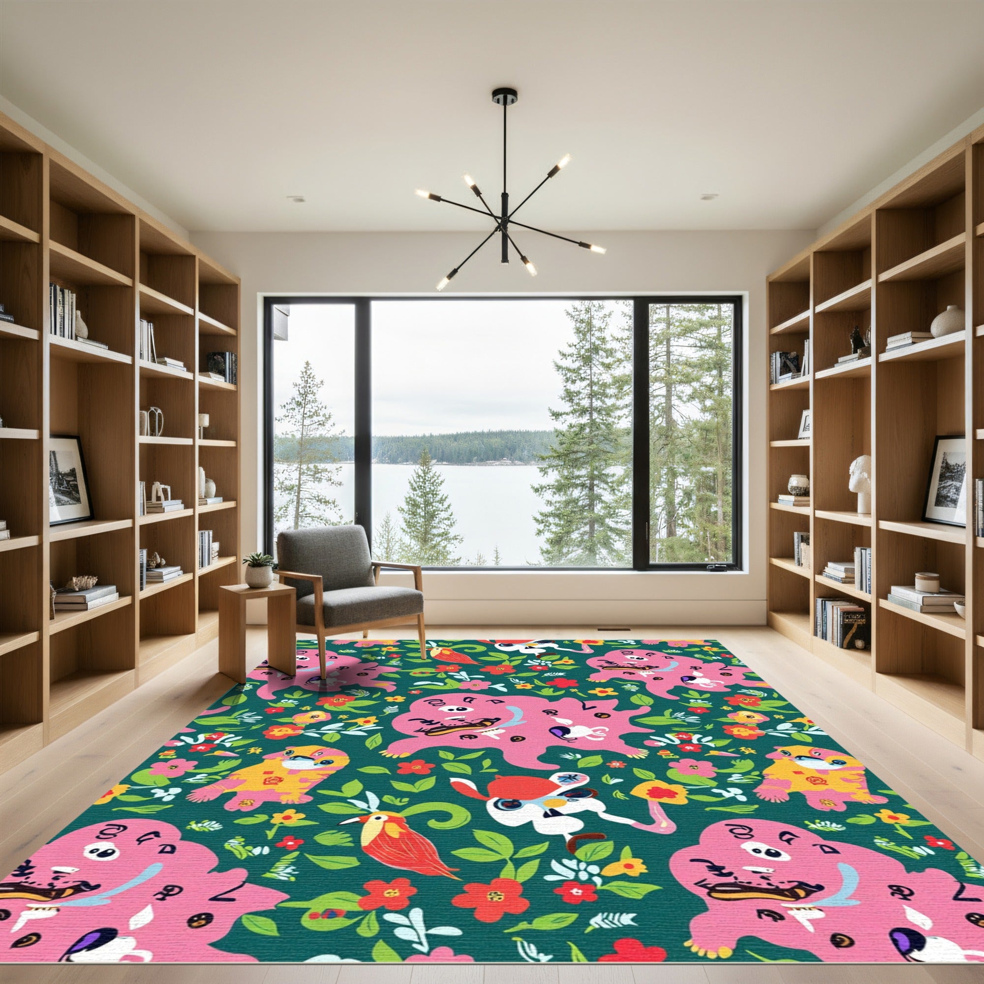 Whimsical Pink Creatures Floral Garden Rug