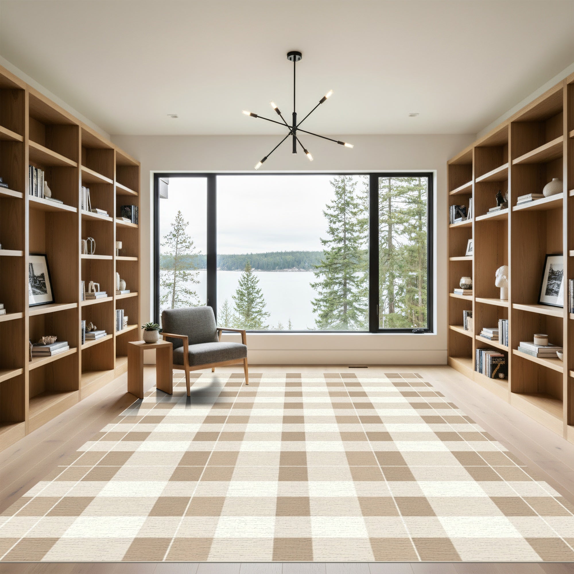 Neutral Beige Plaid Squares Rug