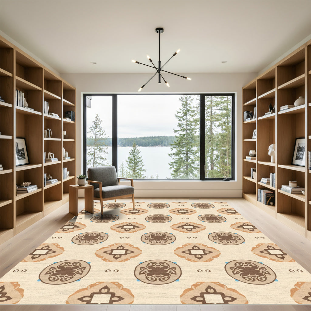 Brown Floral Circular Accents Beige Rug