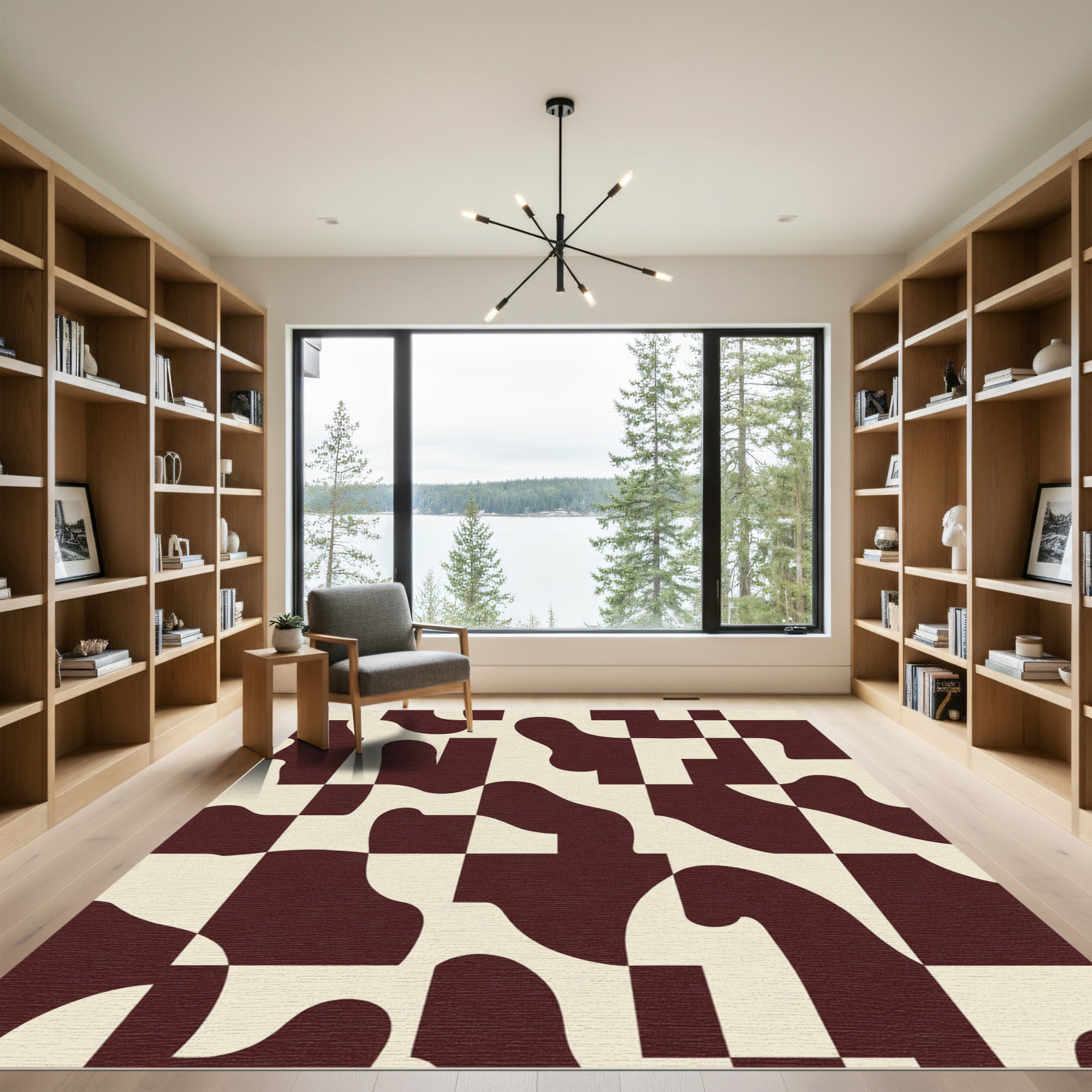 Maroon Cream Abstract Checkered Shapes Rug