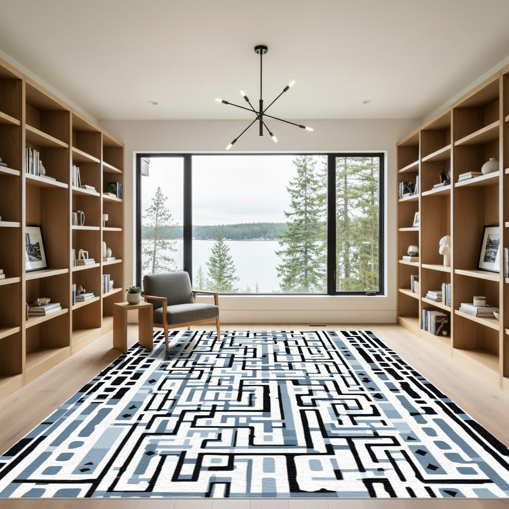 Mono Blue Geometric Maze Rug