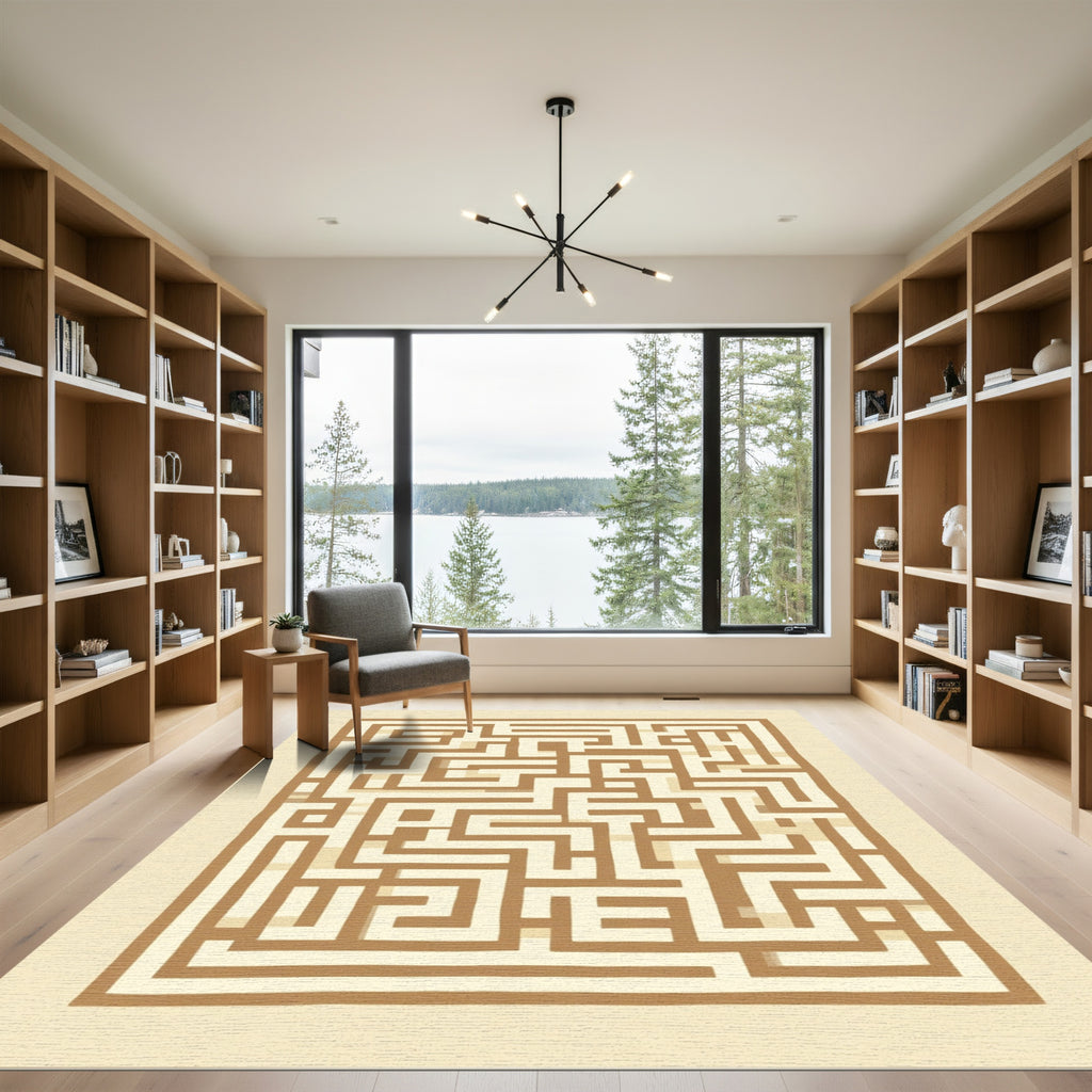 Abstract Beige Maze Geometric Rug