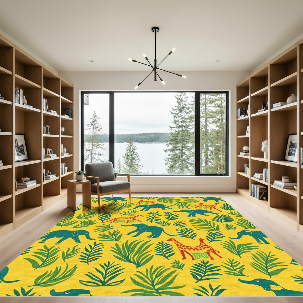 Yellow Jungle Elephant Giraffe Foliage Rug