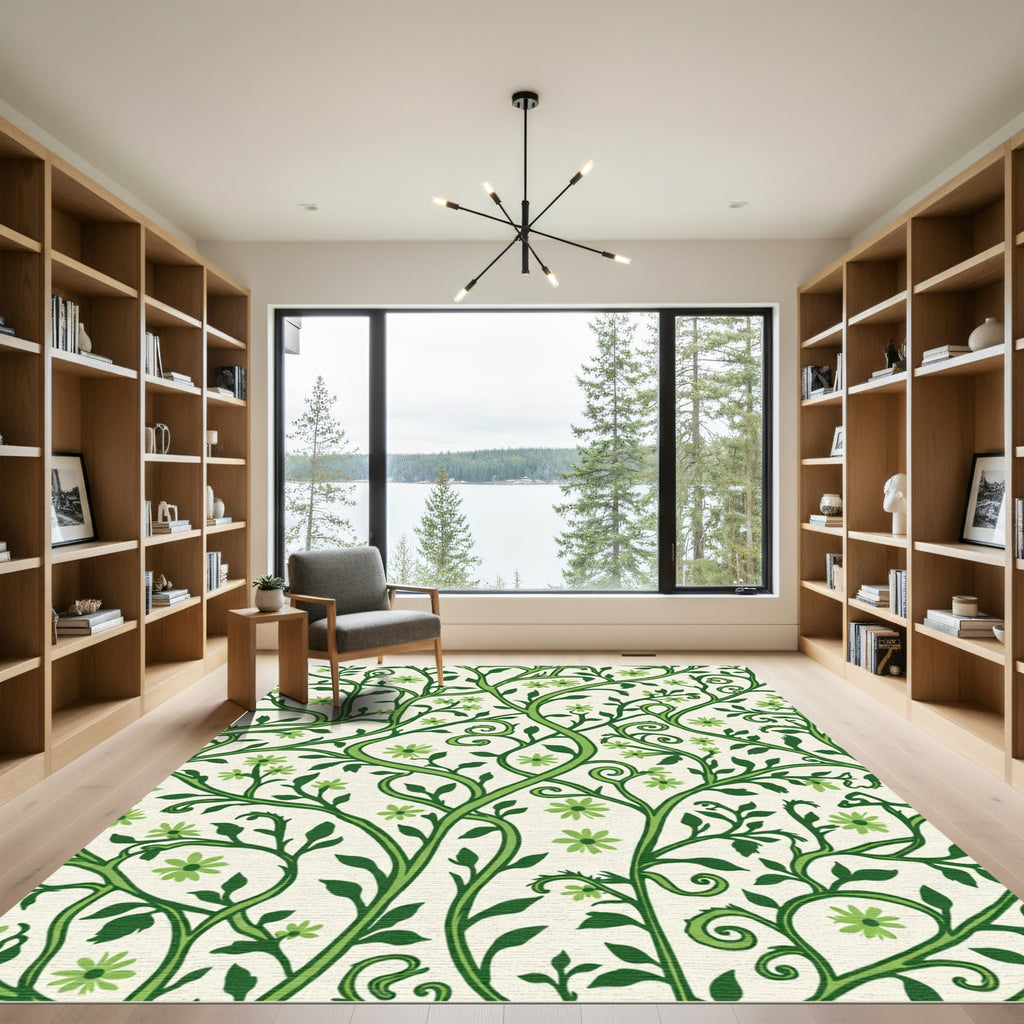Verdant Green Floral Vine Swirl Rug