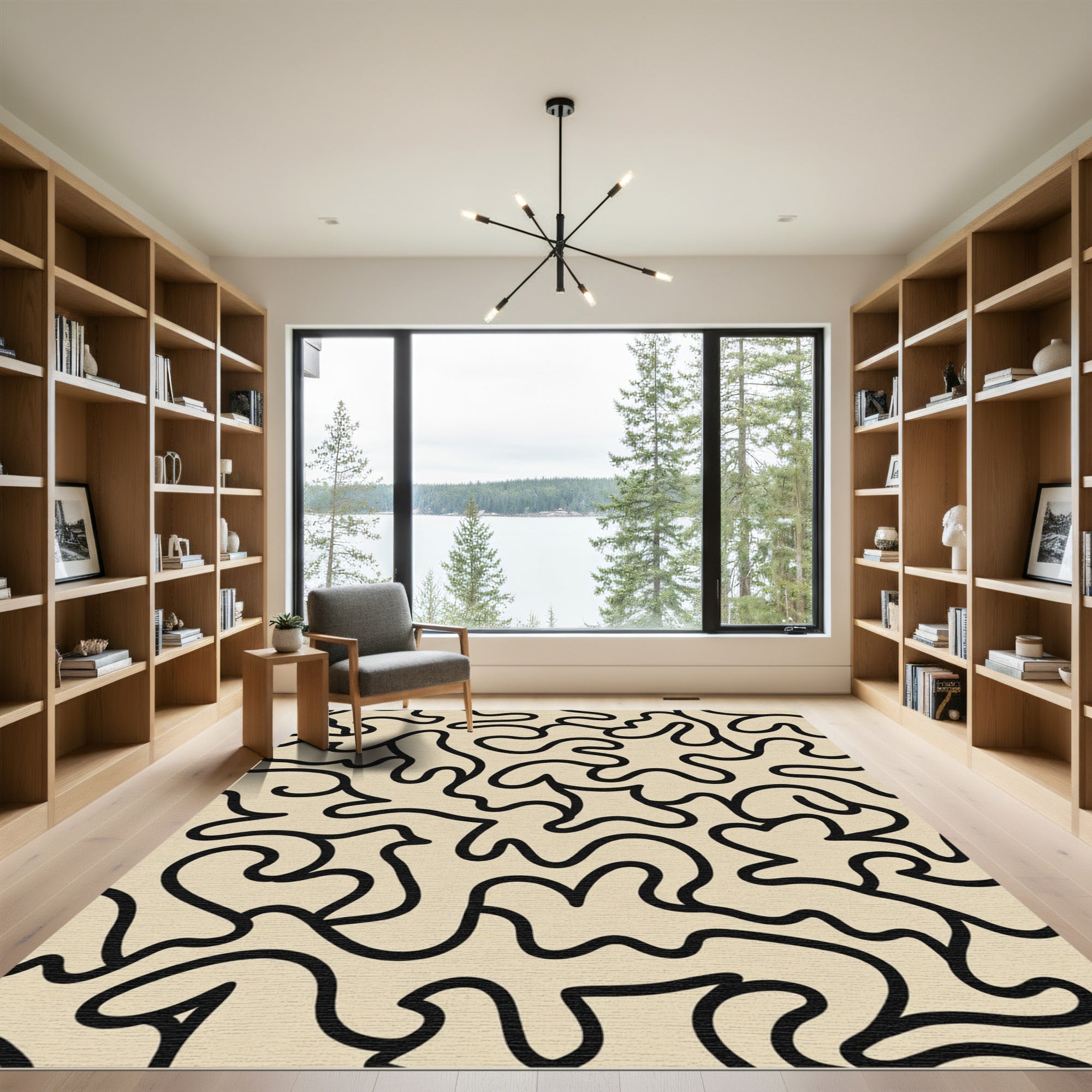 Cream Black Organic Continuous Line Art Rug