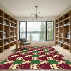 Deep Red Cream Green Abstract Mosaic Rug