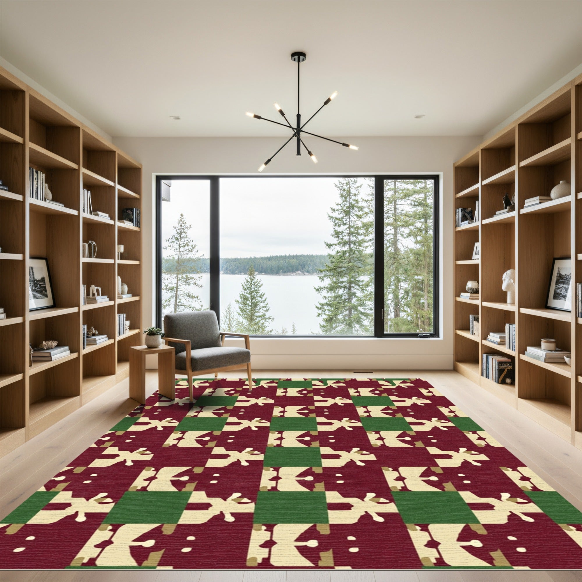 Deep Red Cream Green Abstract Mosaic Rug