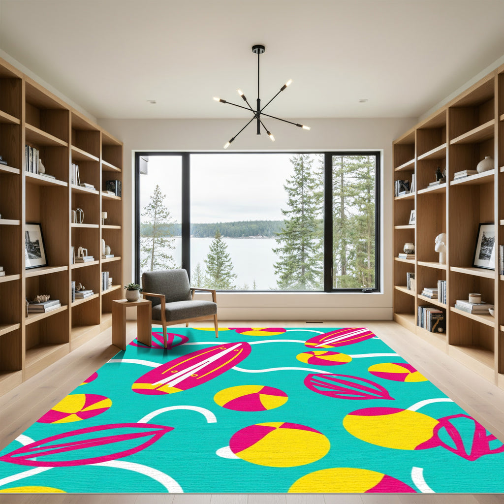 Hot Pink Surfboard Yellow Beach Ball Rug