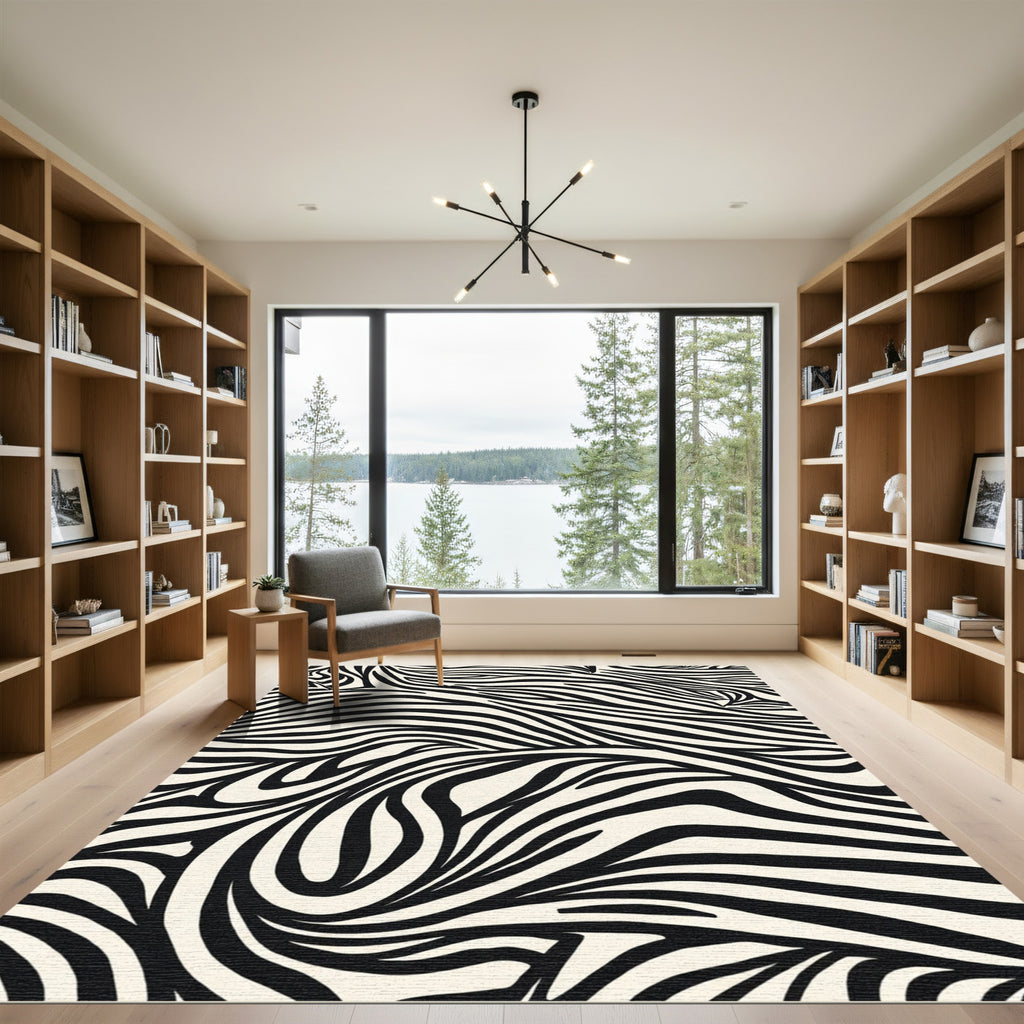 Organic Swirl Black White Lines Rug
