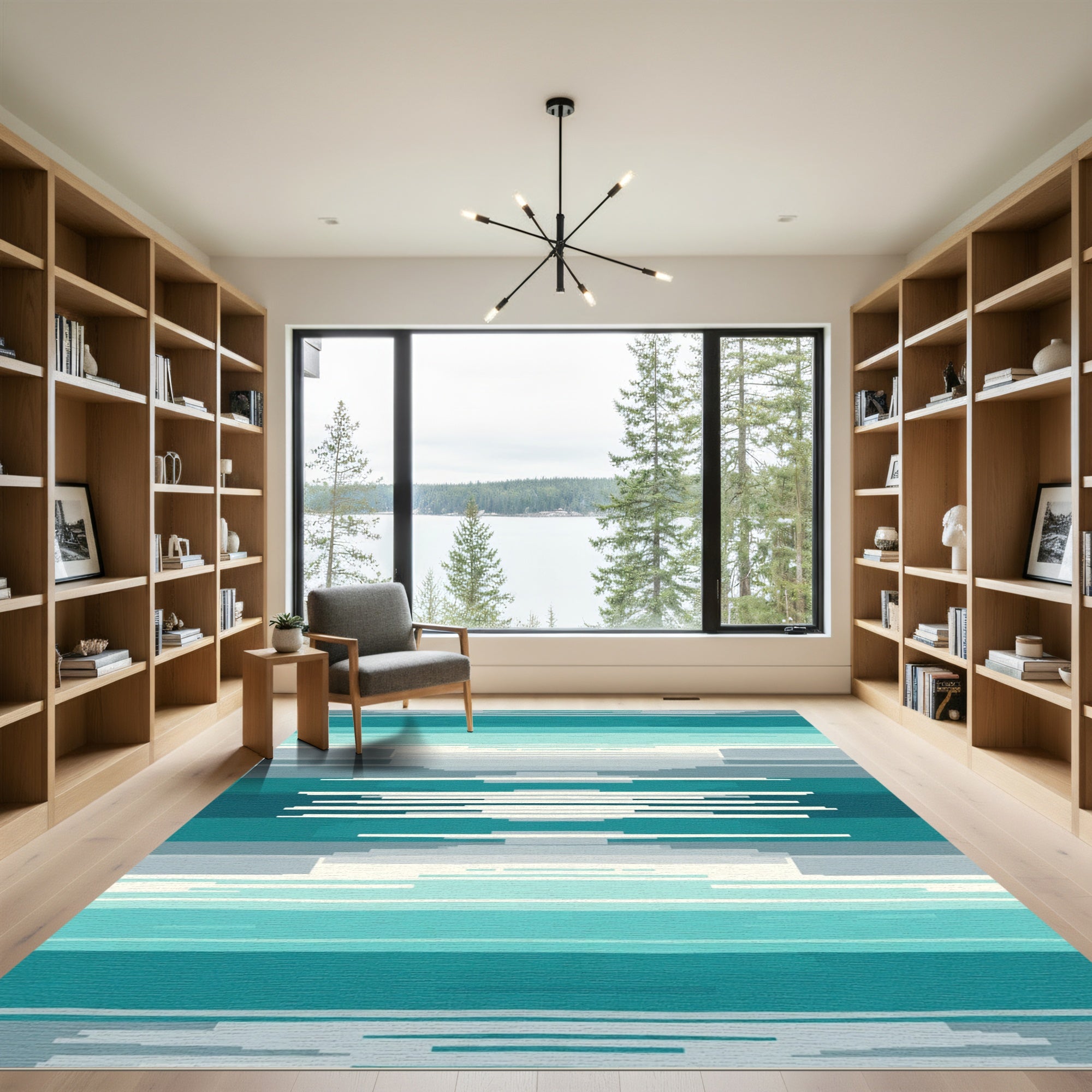 Coastal Teal and Gray Striped Abstract Rug
