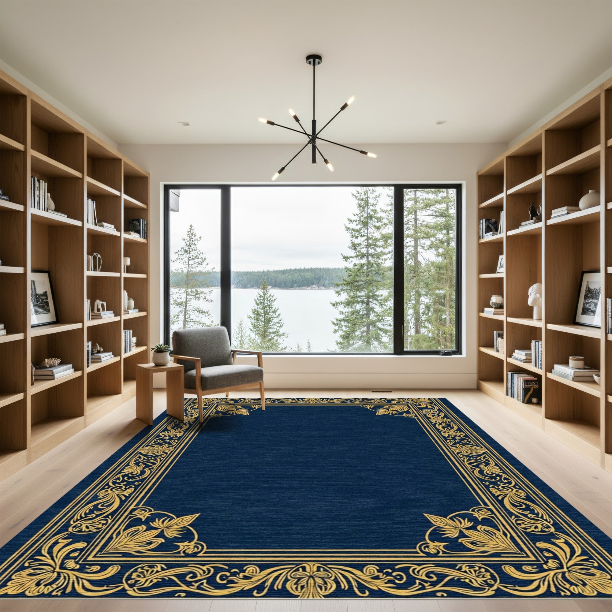 Ornate Gold Floral Navy Rectangular Border Rug