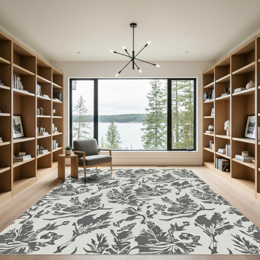 Drawn Dark Floral Branches Arrangement Rug