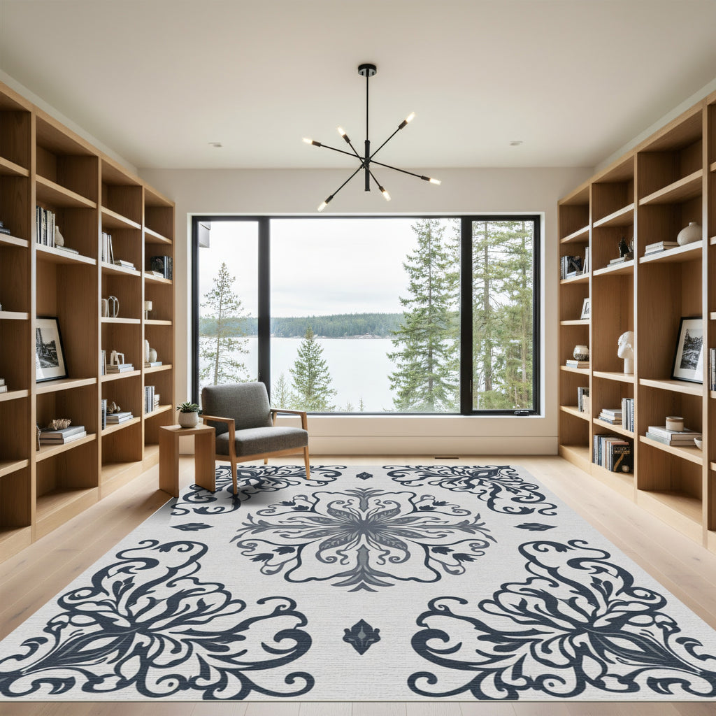 Deep Blue Floral Medallion Scroll Rug