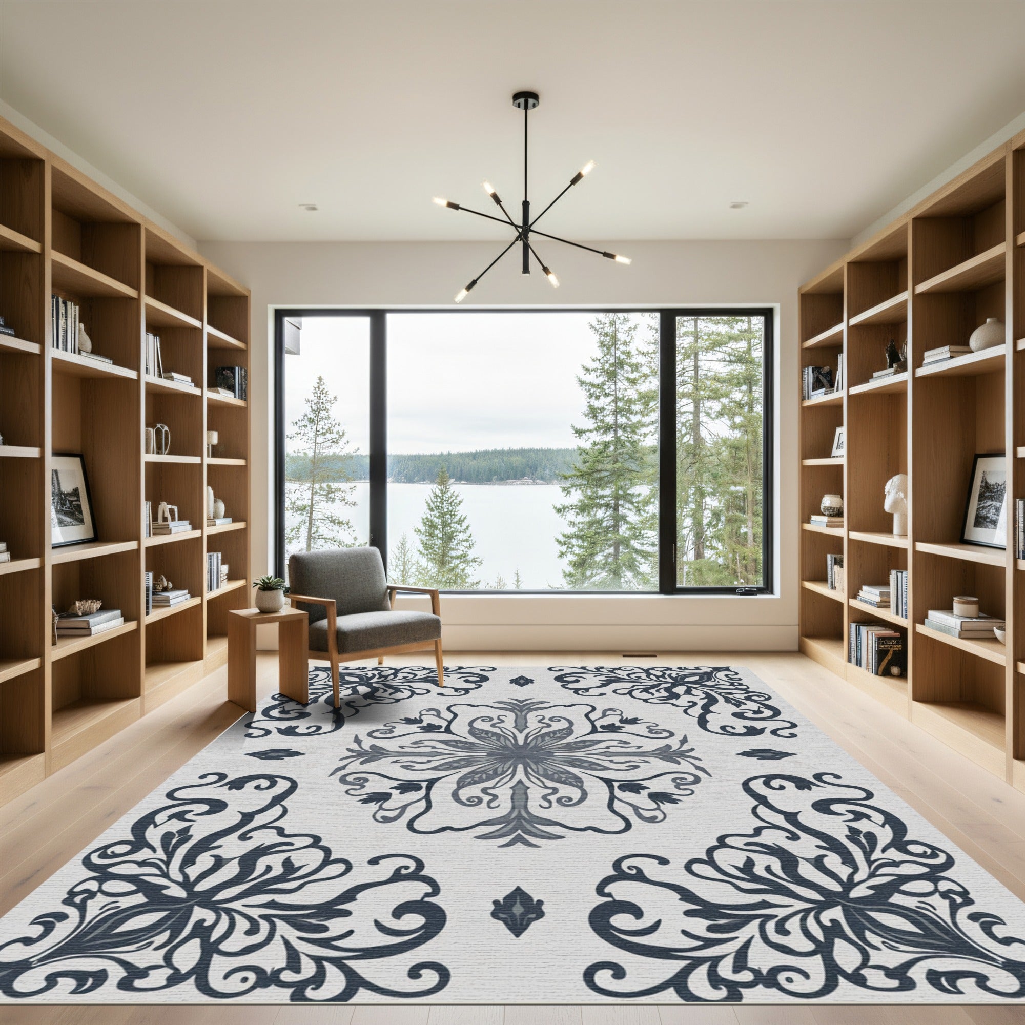 Deep Blue Floral Medallion Scroll Rug