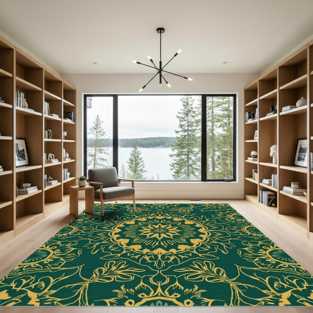Emerald Gold Mandala Floral Rug