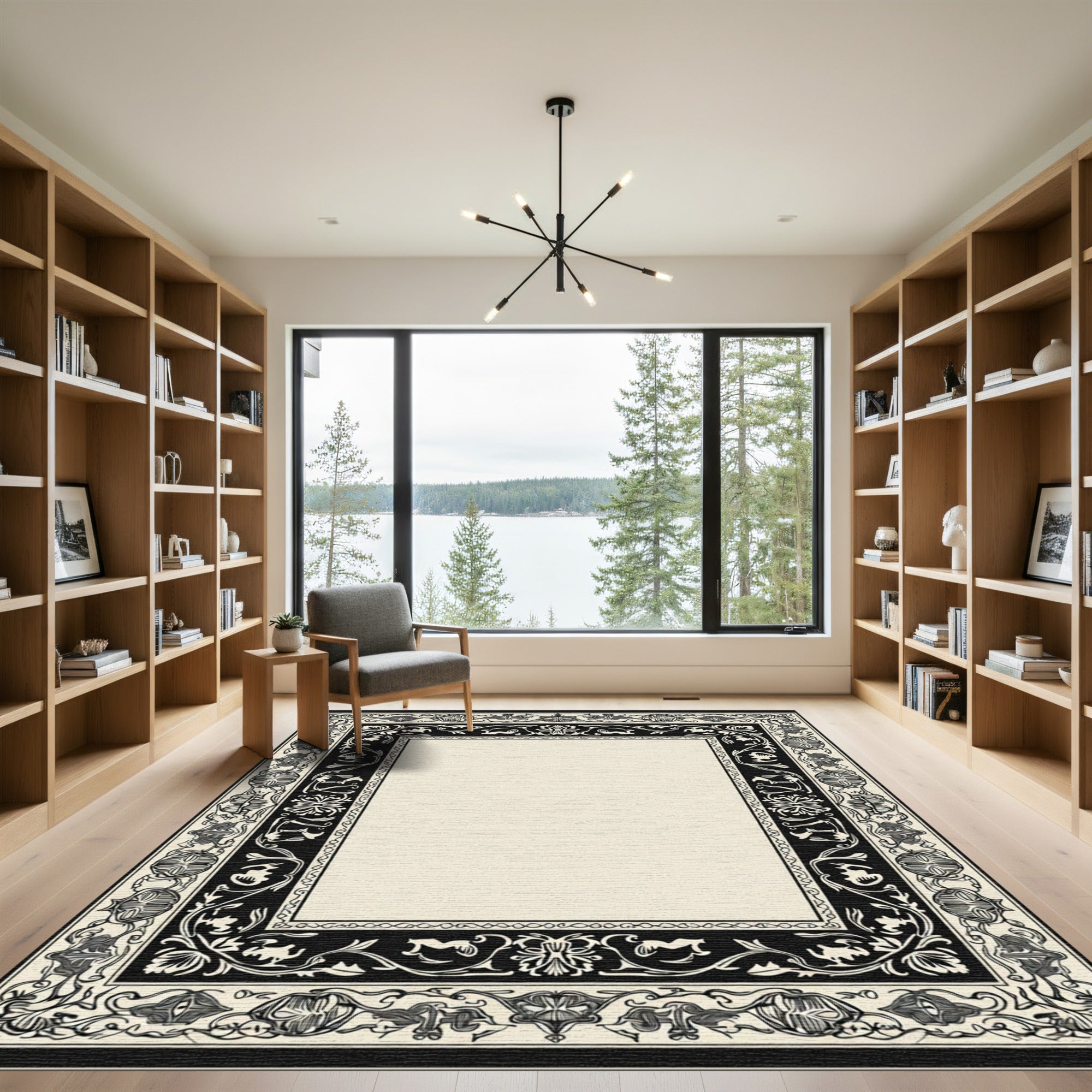 Ornate Black Cream Floral Scroll Border Rug