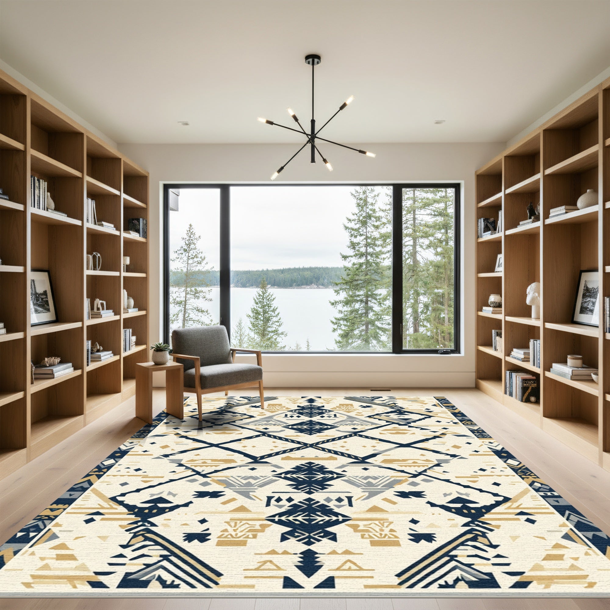 Cream Gray Navy Geometric Tribal Diamonds Rug