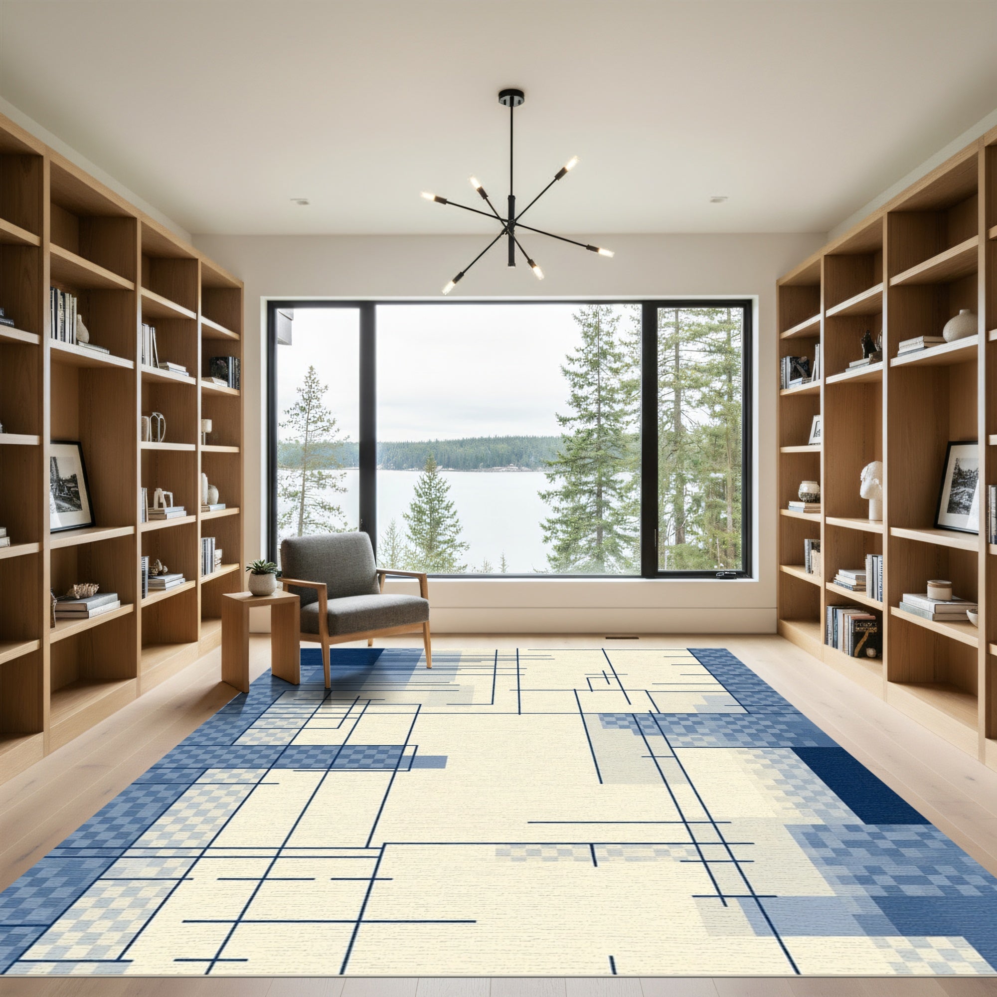 Modern Blue Geometric Grid Lines Rug