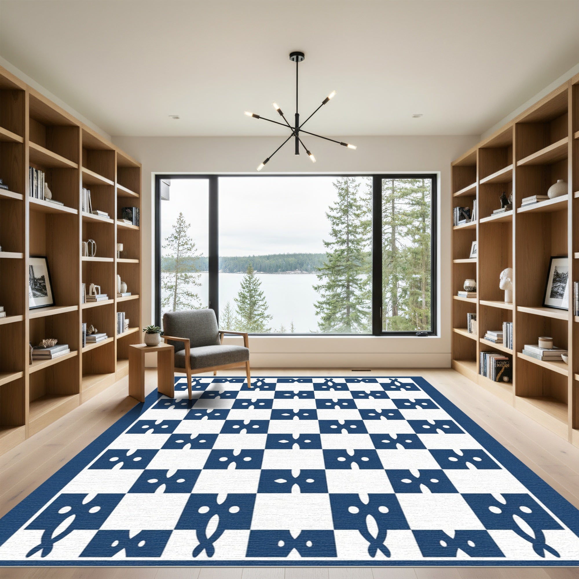 Classic Blue White Contemporary Checkerboard Rug