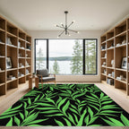 Vibrant Green Leafy Branches Black Rug