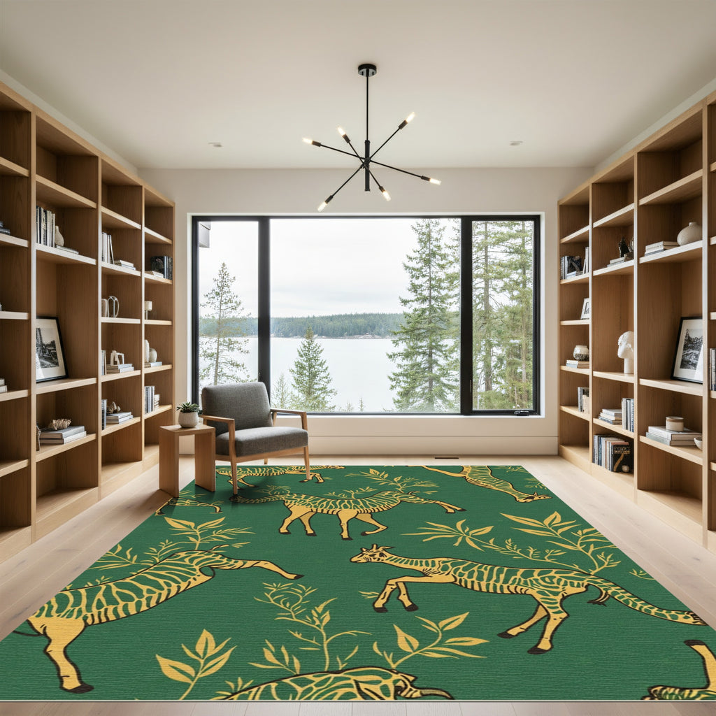 Emerald Green Safari Animal Botanical Print Rug