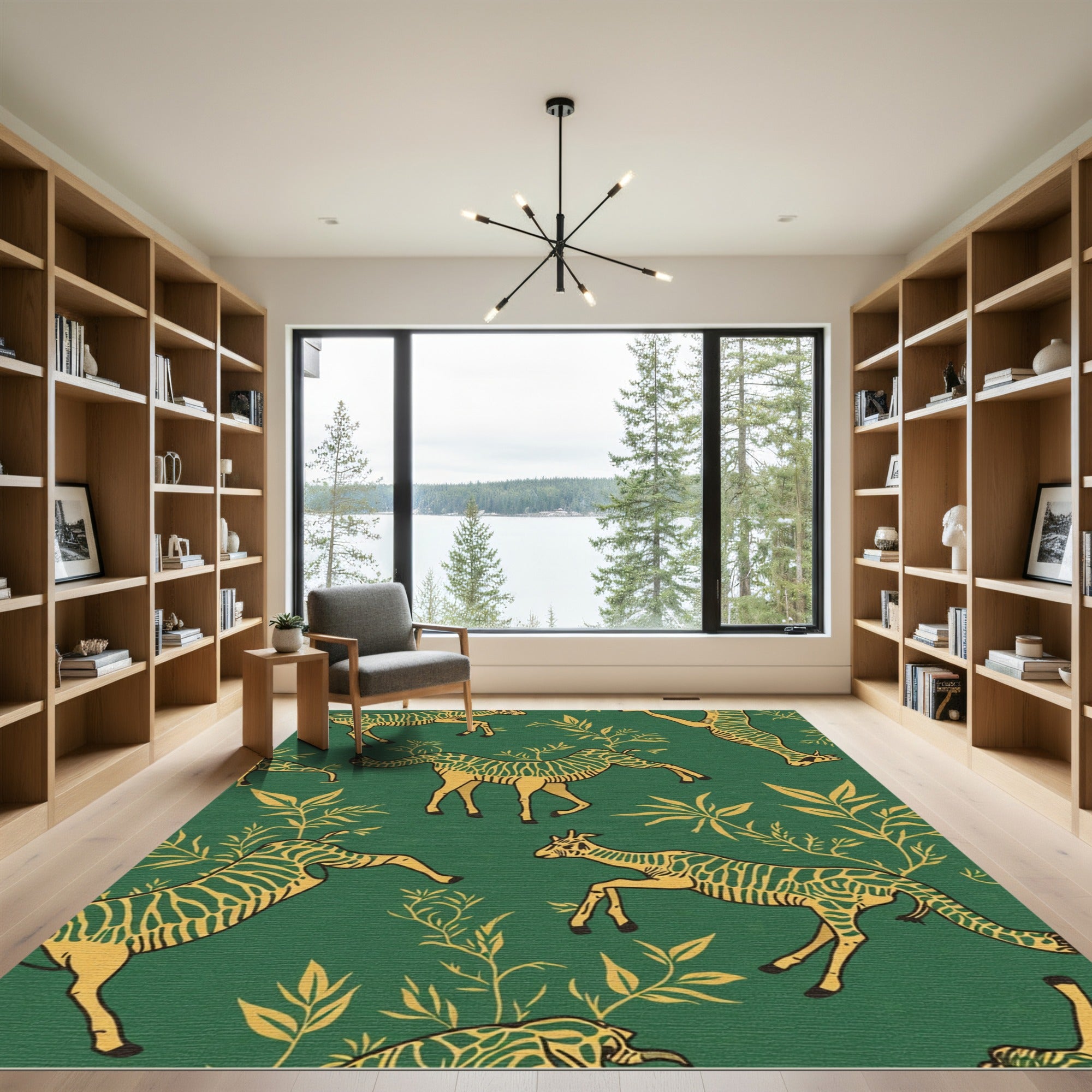 Emerald Green Safari Animal Botanical Print Rug