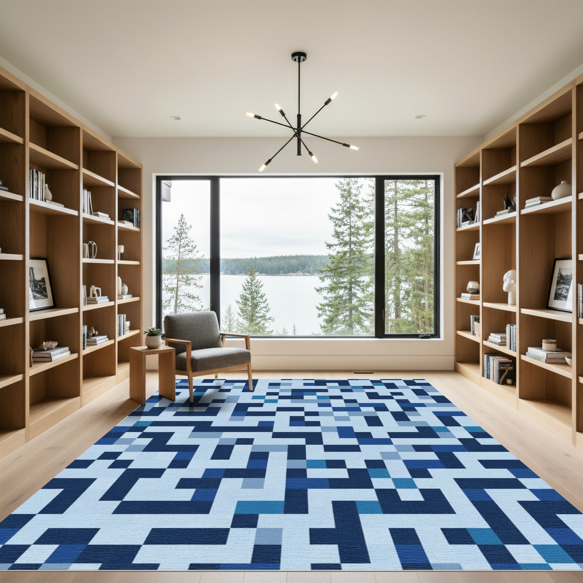 Chic Blue Geometric Pixel Maze Rug