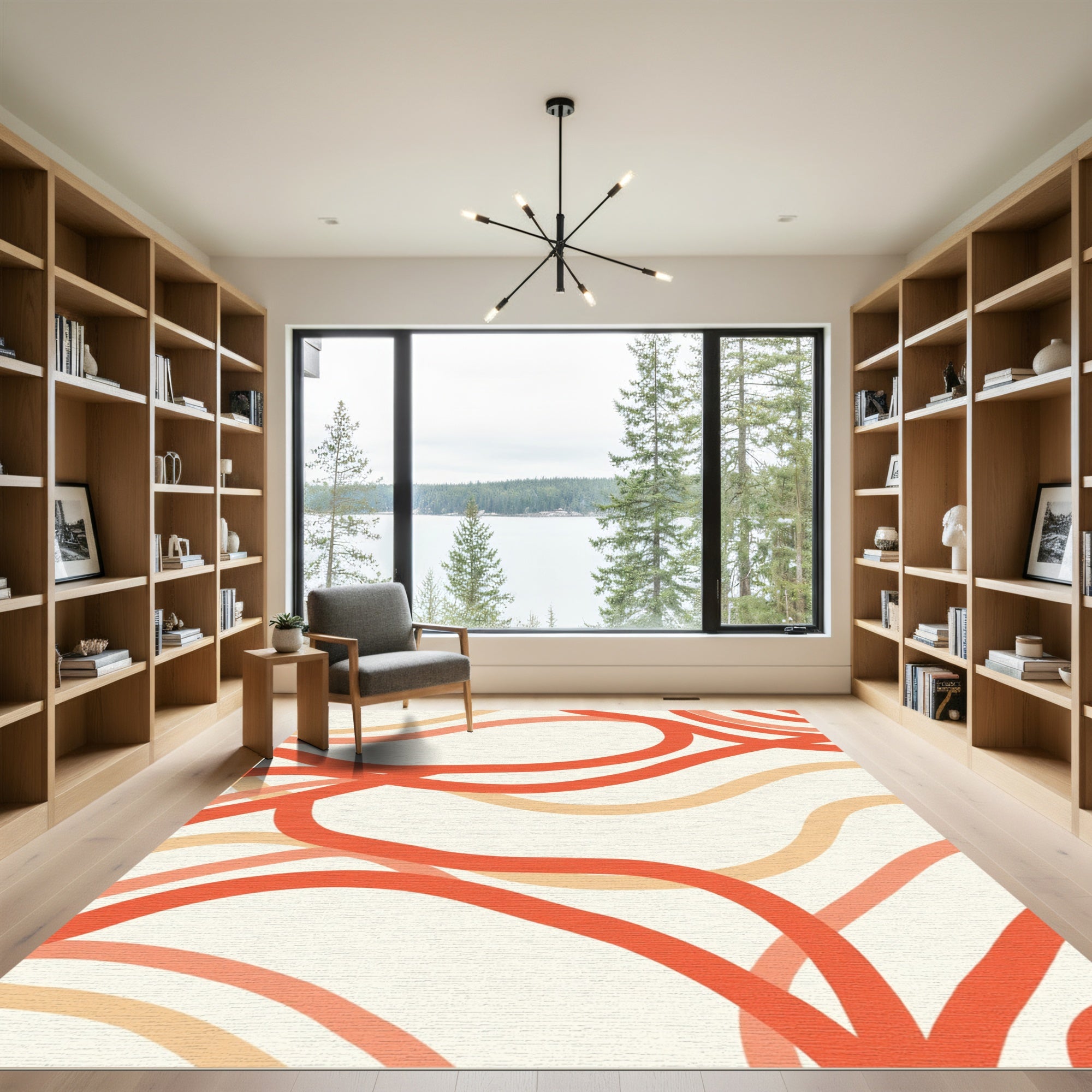 Coral Orange Abstract Swirl Lines Rug