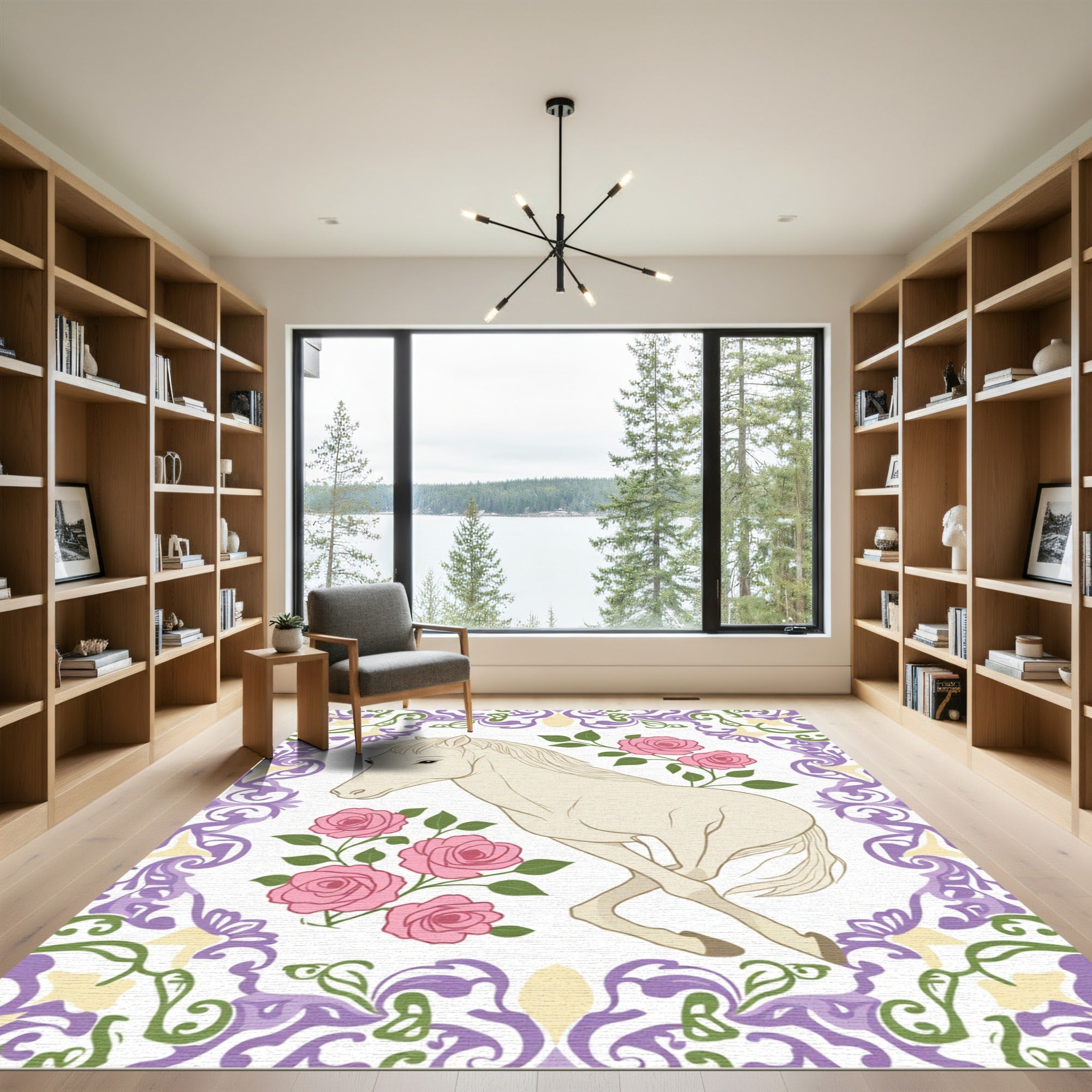 Cream Horse and Pink Roses Frame Rug