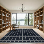 Modern Dark Blue Square Grid Rug