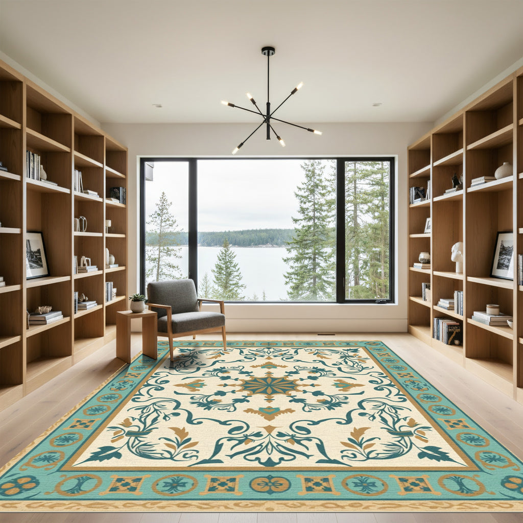 Teal Gold Floral Medallion Cream Border Rug