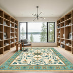 Teal Gold Floral Medallion Cream Border Rug