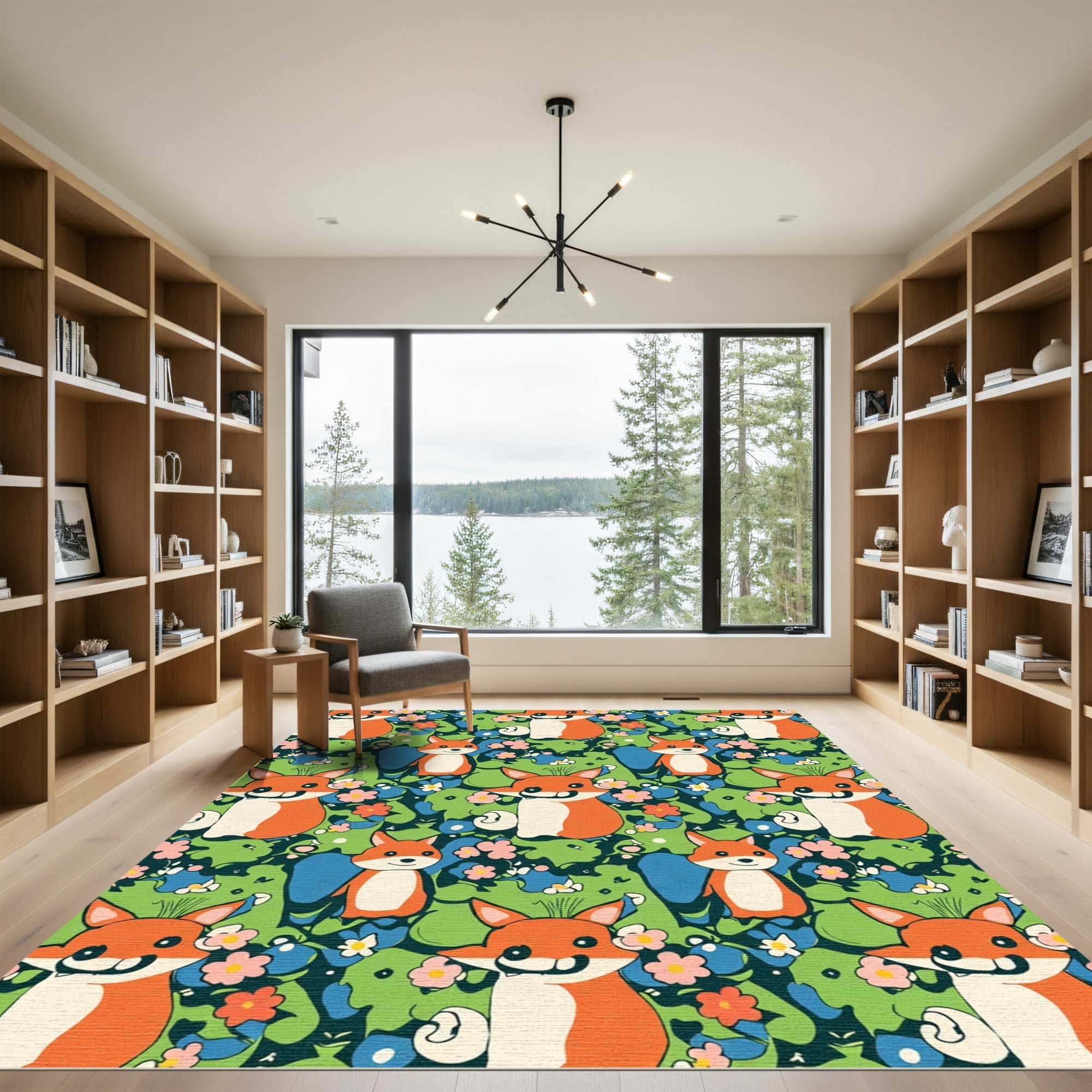 Playful Orange Foxes Floral Meadow Rug