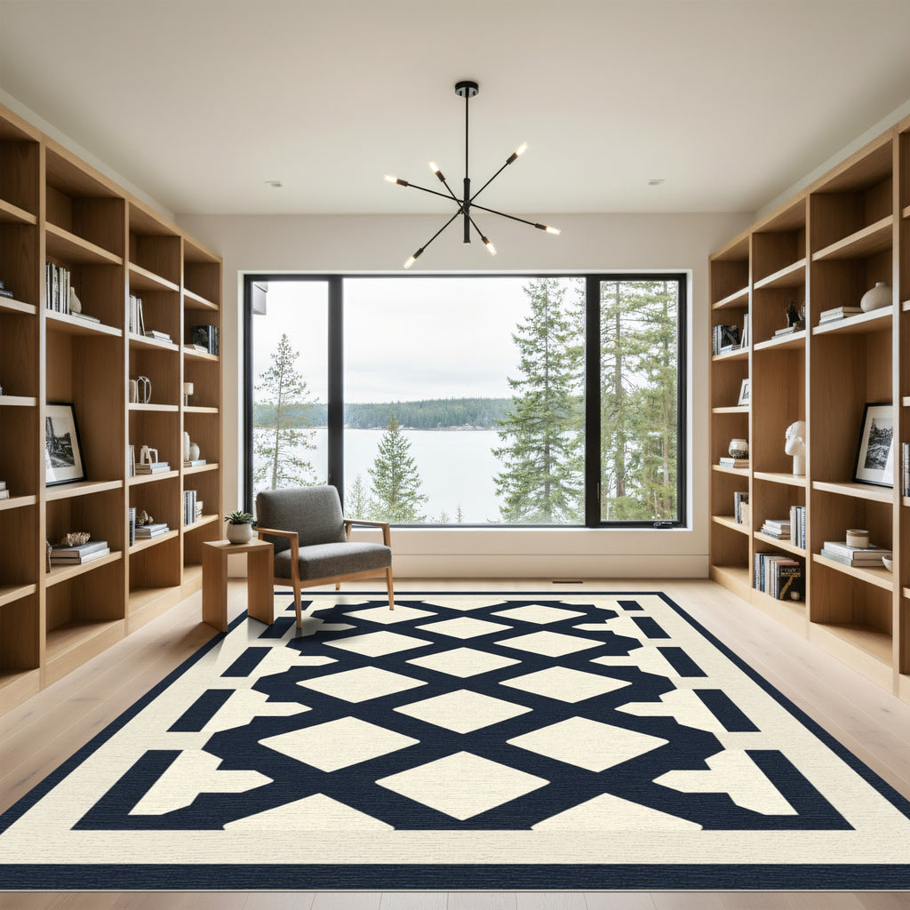 Navy Cream Diamond Lattice Border Rug