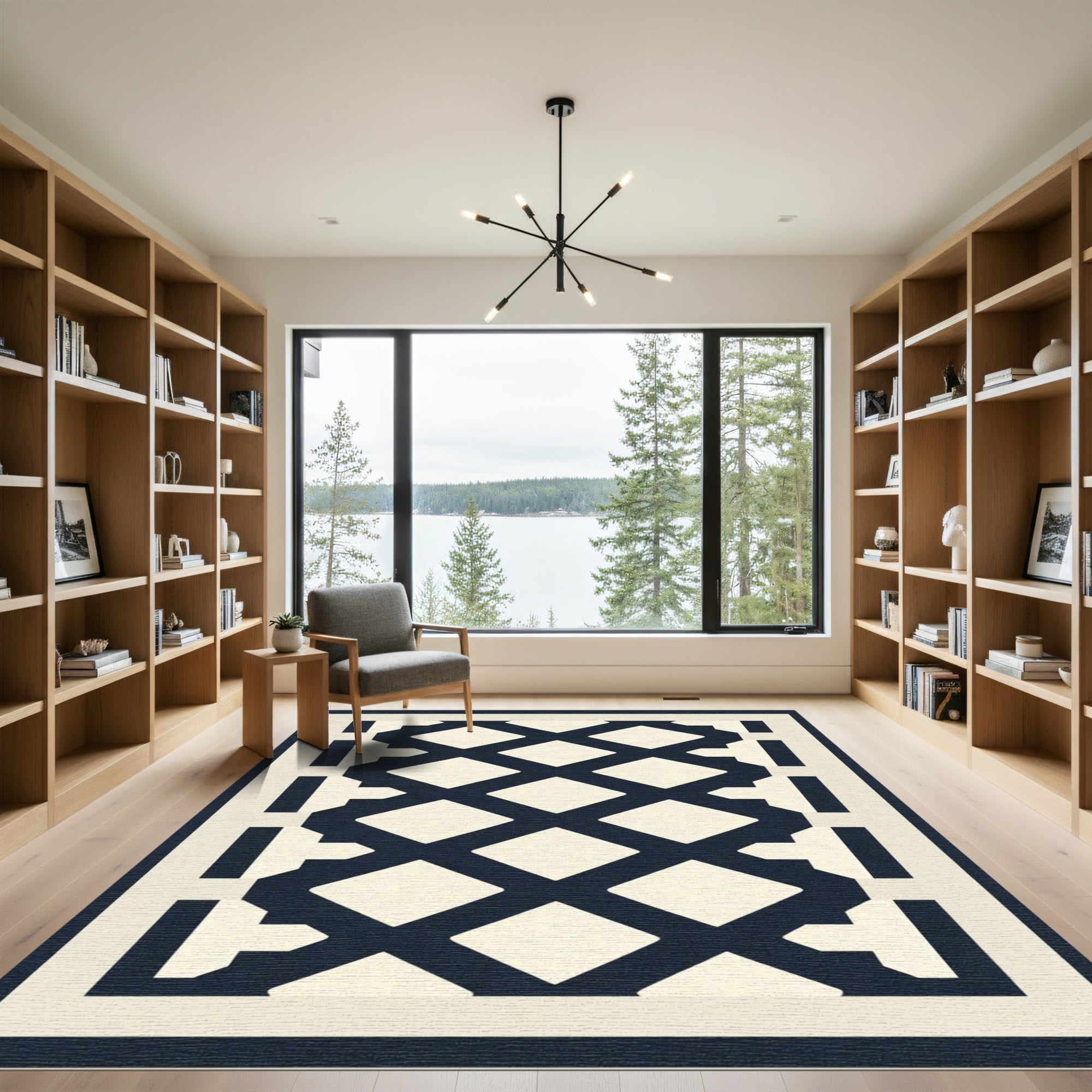 Navy Cream Diamond Lattice Border Rug