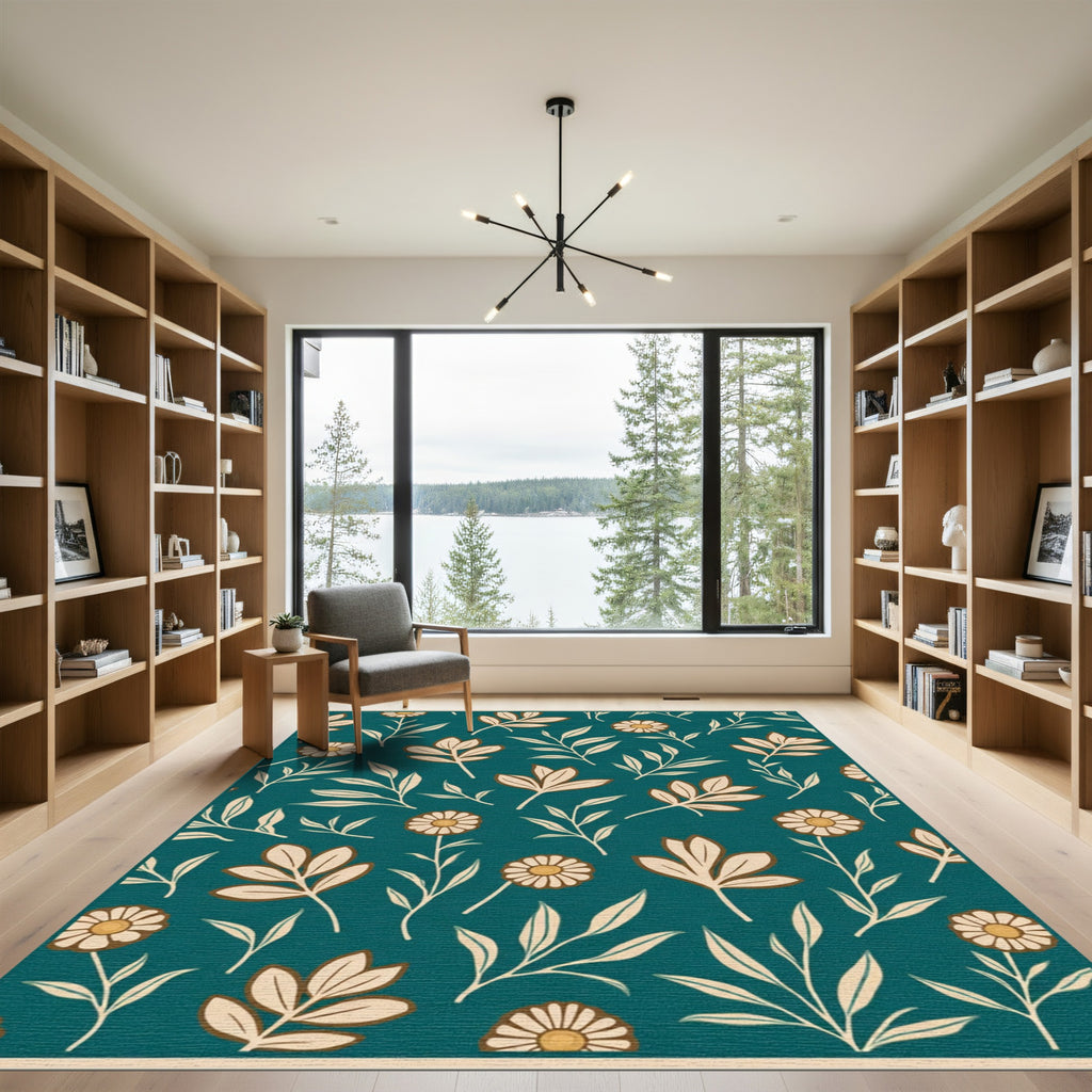 Teal Cream Floral Botanical Arrangement Rug