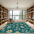Teal Cream Floral Botanical Arrangement Rug