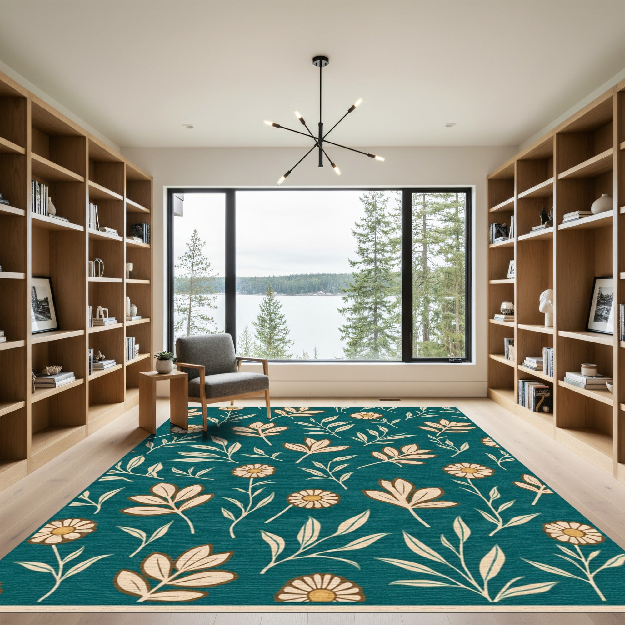 Teal Cream Floral Botanical Arrangement Rug