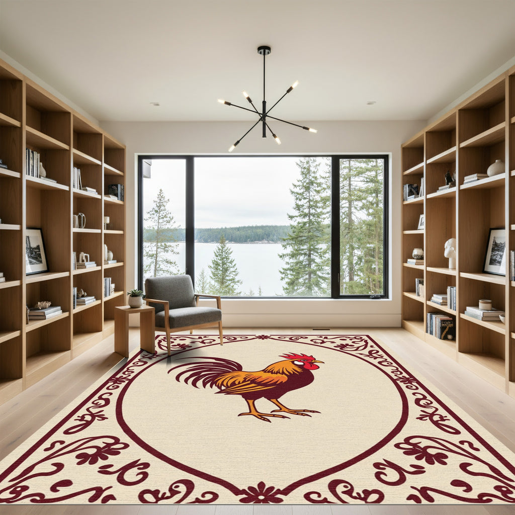 Maroon Floral Rooster Frame Rug