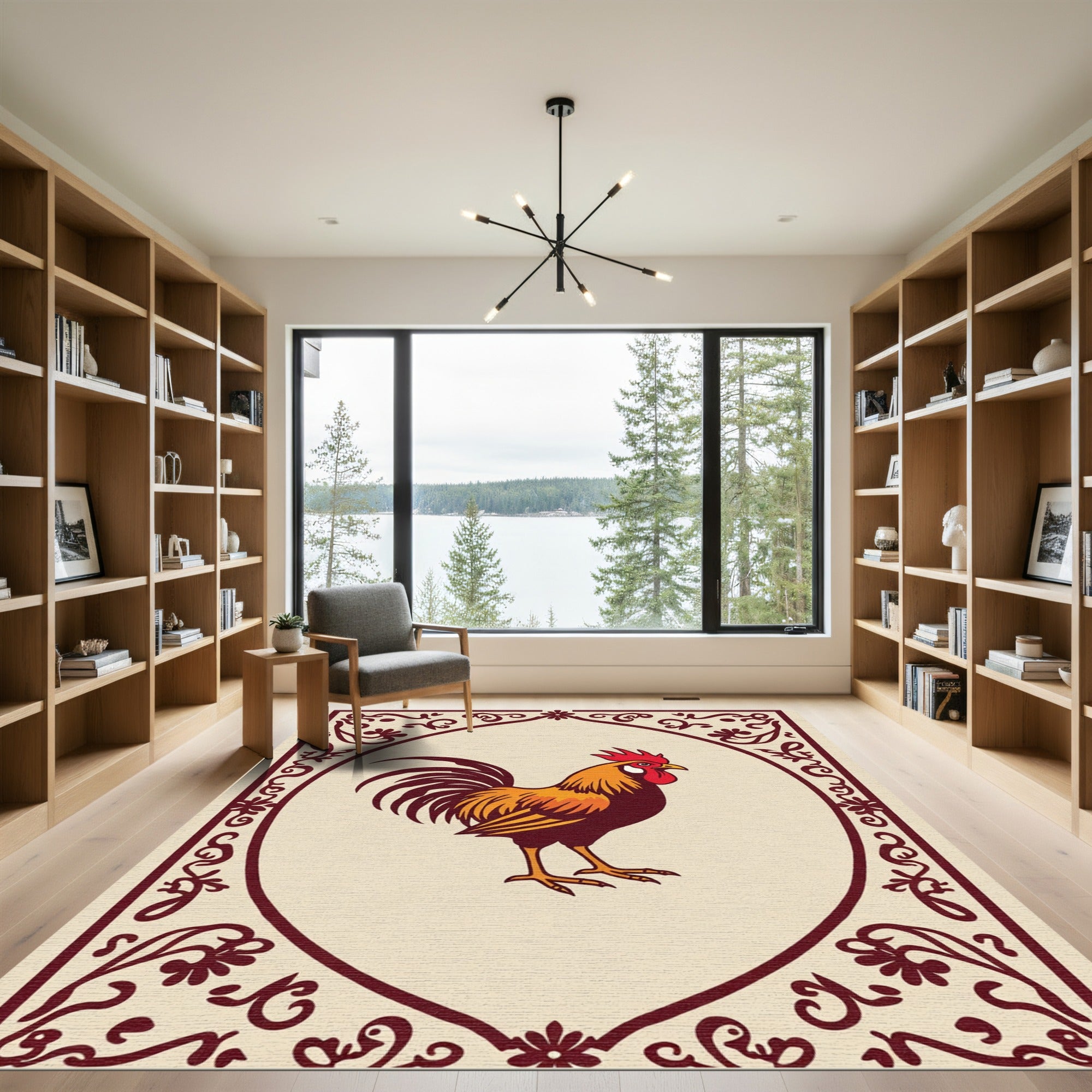 Maroon Floral Rooster Frame Rug