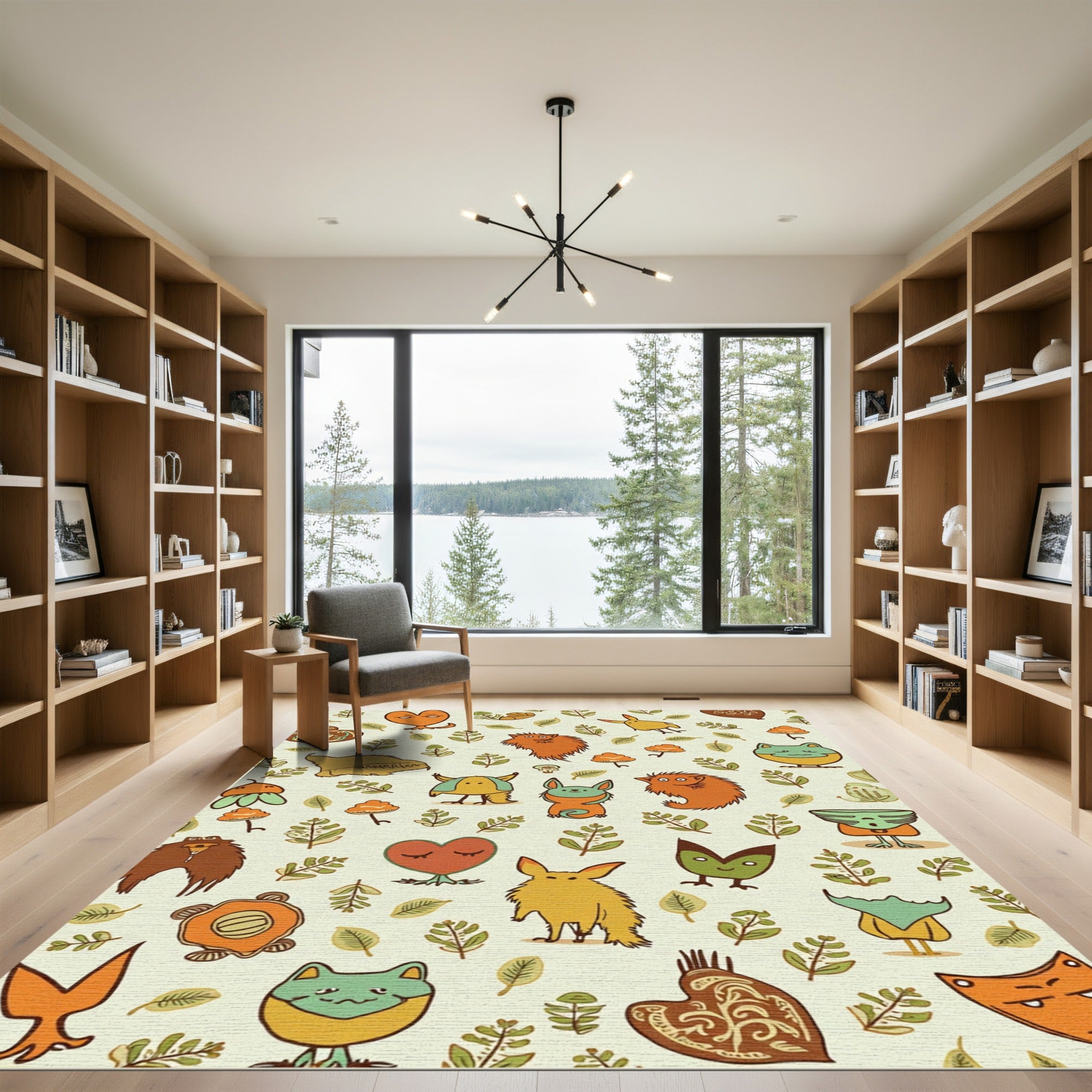 Whimsical Woodland Creatures and Leaves Rug