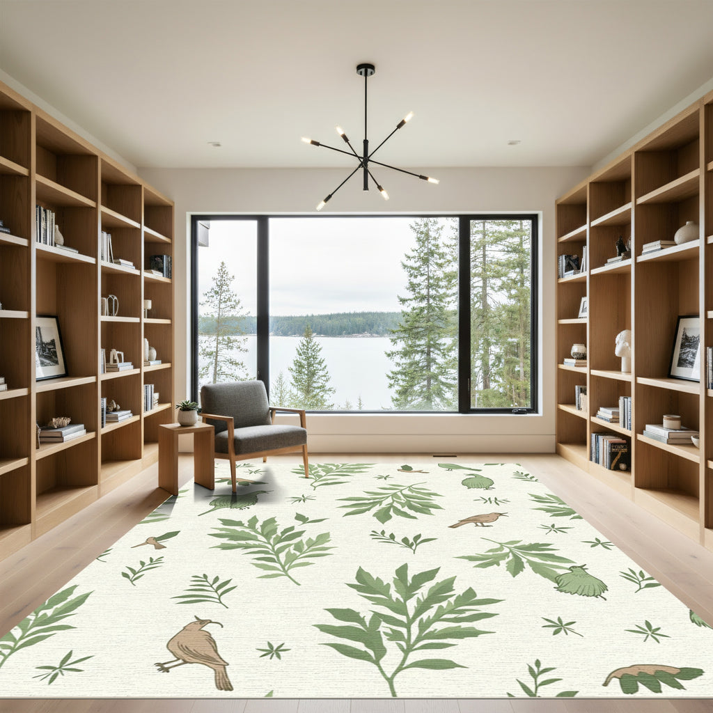 Charming Green Foliage Bird Arrangement Rug