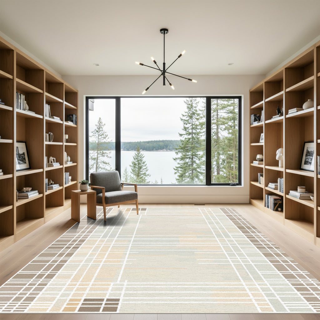 Neutral Plaid Stripe Block Overlay Rug