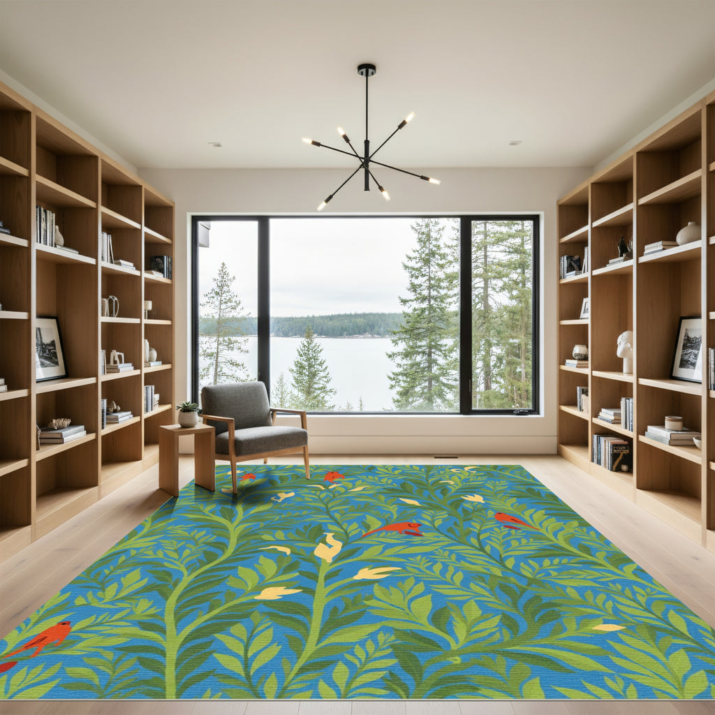 Crimson Birds Lush Greenery Blue Sky Rug