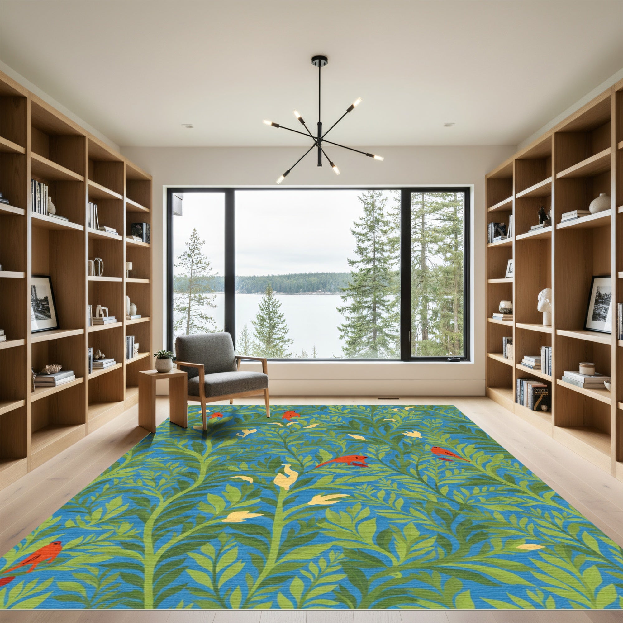 Crimson Birds Lush Greenery Blue Sky Rug