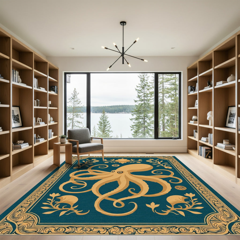 Golden Octopus Teal Floral Border Rug