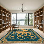 Golden Octopus Teal Floral Border Rug